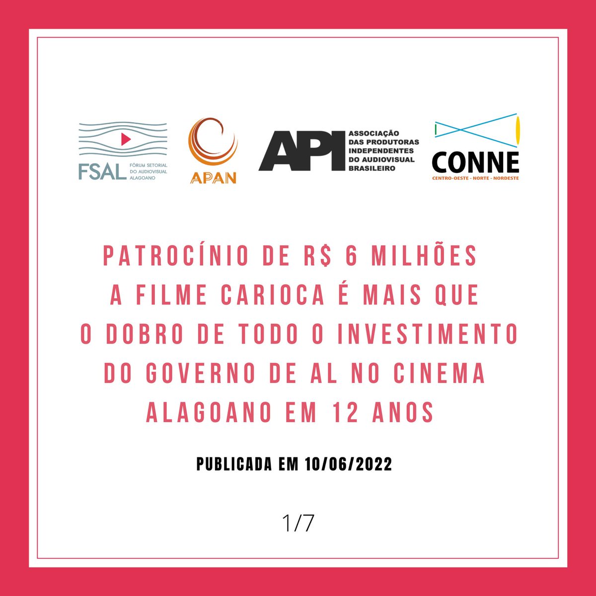 fsalcinema's tweet photo. A API - Associação das Produtoras Independentes do Audiovisual Brasileiro; A CONNE – Conexão Audiovisual Centro-Oeste, Norte e Nordeste e a @APANegraAPAN manifestaram apoio a carta publicada pelo FSAL que condena o patrocínio direto do governo de Alagoas a um único filme. https://t.co/SSaYuv8l9D