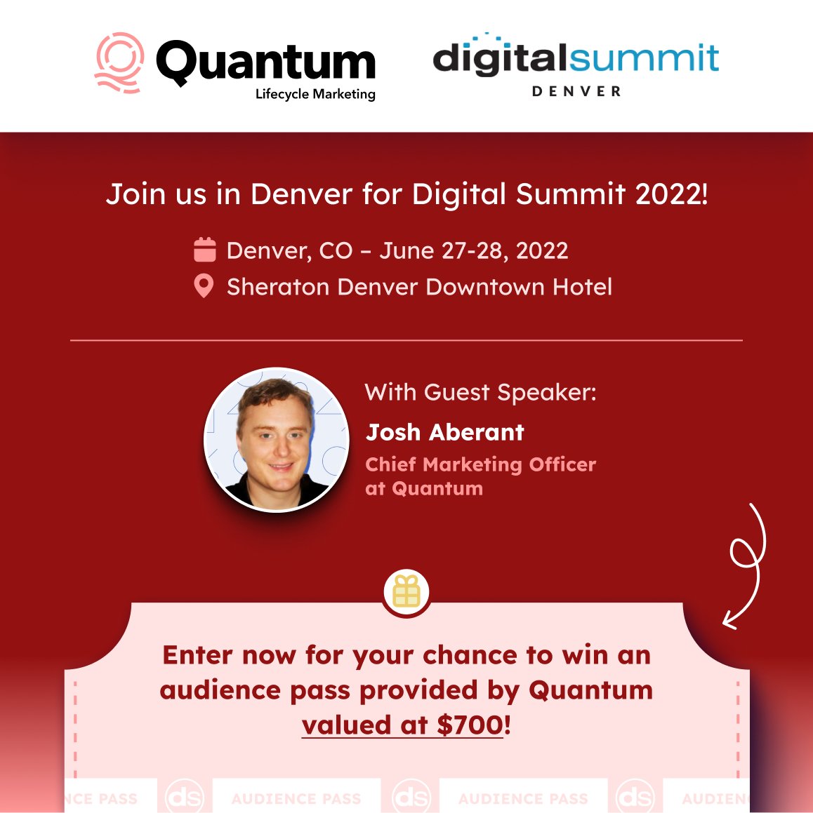 QuantumLCM's tweet photo. Last call for FREE tickets 🎟️ (worth $700 😏)!

Here's YOUR chance to win 1 of 4 tickets to Digital Summit Denver on behalf of Quantum!

Enter to win now!
https://t.co/lCV83S4RxZ
#DSDenver #DigitalSummit #digitalmarketing #denver #inpersonevents #eventsareback https://t.co/7HHACgSdDg