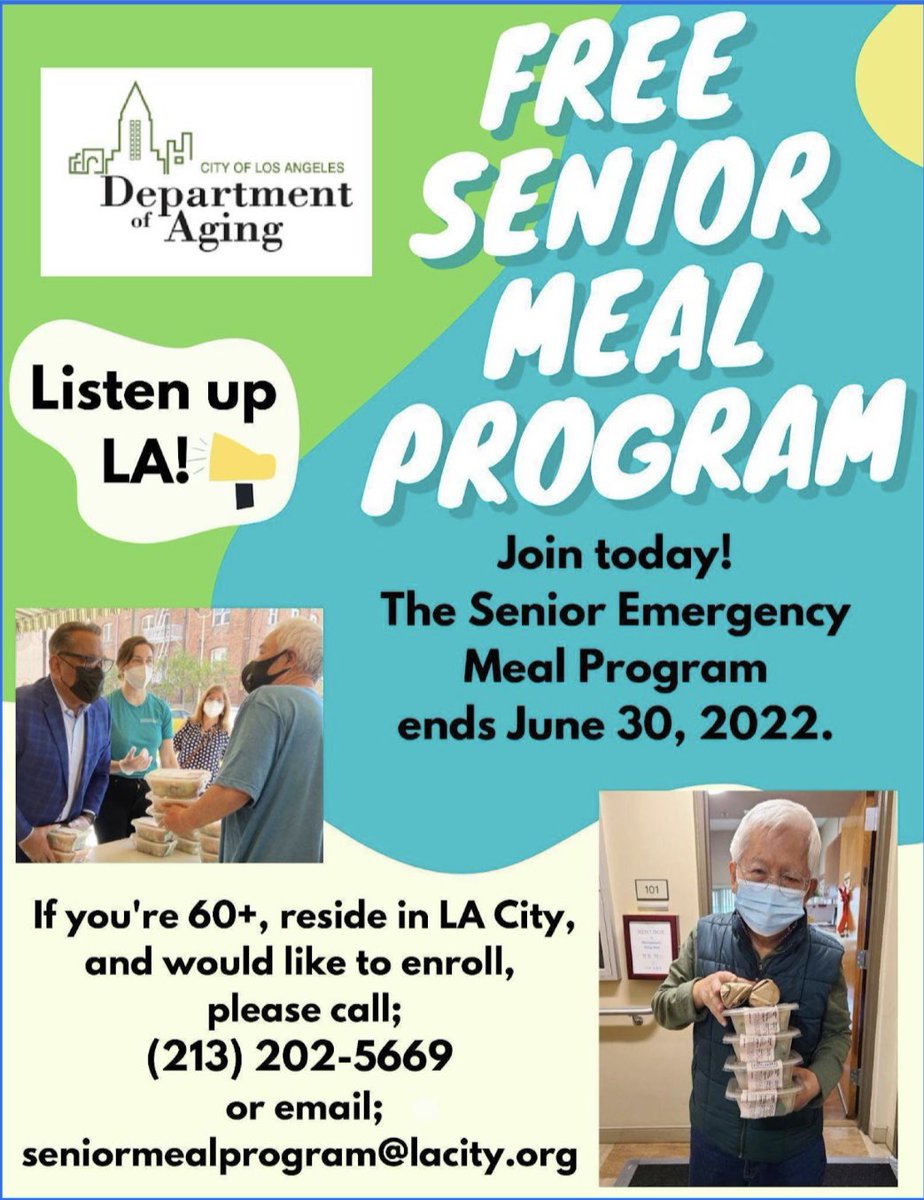 Are you over 60+, reside in @LAcity and would like to enroll in the Senior Emergency Meal Program? Call (213) 202-5669 to learn more.