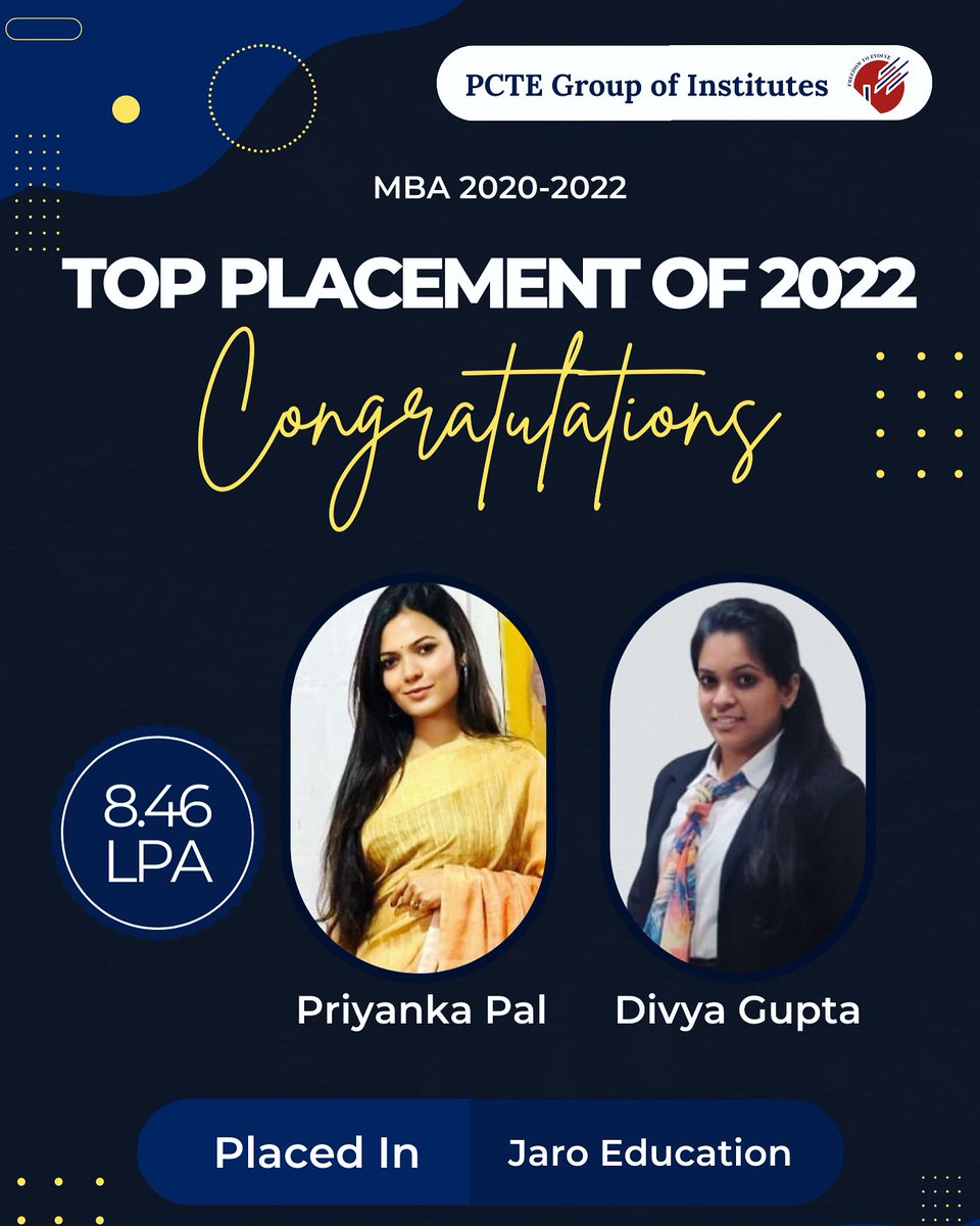 PCTEofficial's tweet photo. We heartily congratulate MBA-2022 students Priyanka Pal & Divya Gupta who have been placed with a leading Edtech firm @jaro_education .
We wish the best for them in all endeavours.
#topplacementcollege #topplacement #placement #mba #businessmanagement #job #pcteian https://t.co/OwYmwuXKkh