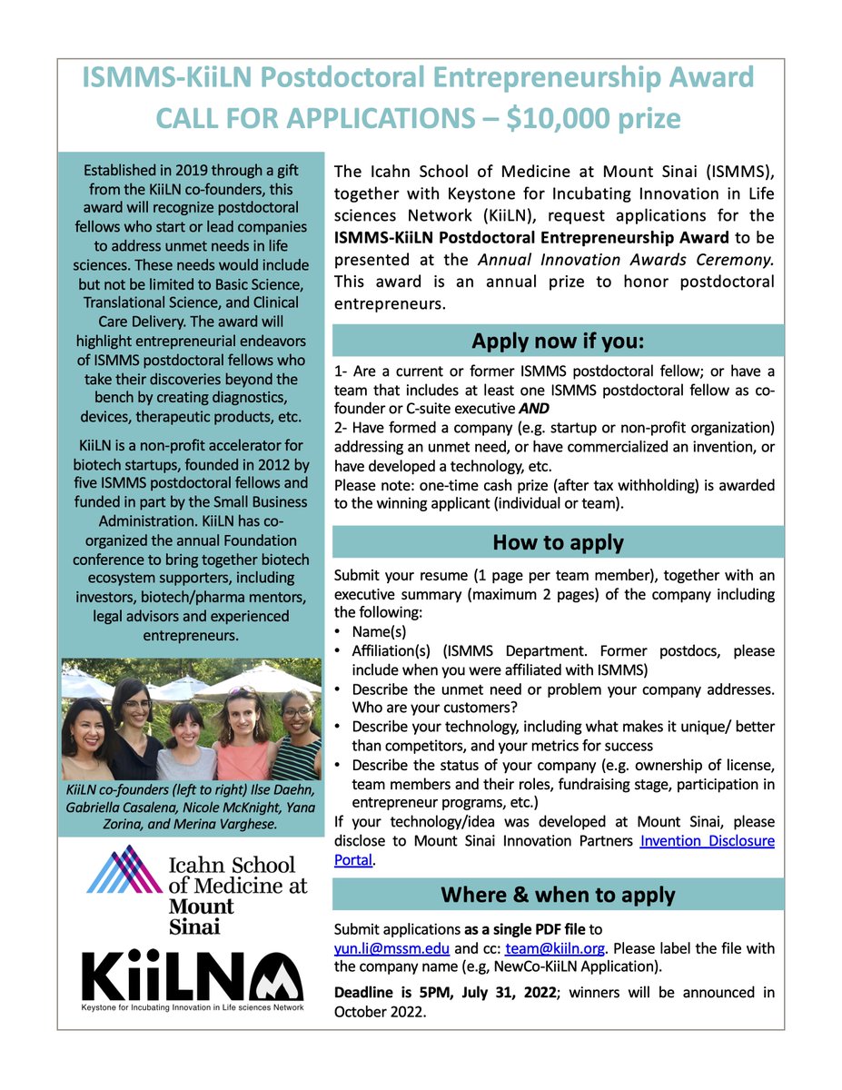 KiiLN (@kiilnyc) on Twitter photo Apply for the 2022 ISMMS-KiiLN award by July 31. Open to all #biotech #entrepreneurs among <a href="/MtSinaiPostdocs/">MtSinaiPostdocs</a> & postdoc <a href="/MountSinaiAlum/">Mount Sinai Alumni</a>! See details here: kiiln.org and👇#SINAInnovations <a href="/ISMMSPostdocOff/">OPA</a> <a href="/MountSinaiLiver/">MountSinaiLiver</a> <a href="/MountSinai_IP/">Mount Sinai Innovation Partners</a> <a href="/IcahnMountSinai/">Icahn School of Medicine at Mount Sinai</a> Apply for the 2022 ISMMS-KiiLN award by July 31. Open to all #biotech #entrepreneurs among <a href="/MtSinaiPostdocs/">MtSinaiPostdocs</a> & postdoc <a href="/MountSinaiAlum/">Mount Sinai Alumni</a>! See details here: kiiln.org and👇#SINAInnovations <a href="/ISMMSPostdocOff/">OPA</a> <a href="/MountSinaiLiver/">MountSinaiLiver</a> <a href="/MountSinai_IP/">Mount Sinai Innovation Partners</a> <a href="/IcahnMountSinai/">Icahn School of Medicine at Mount Sinai</a>