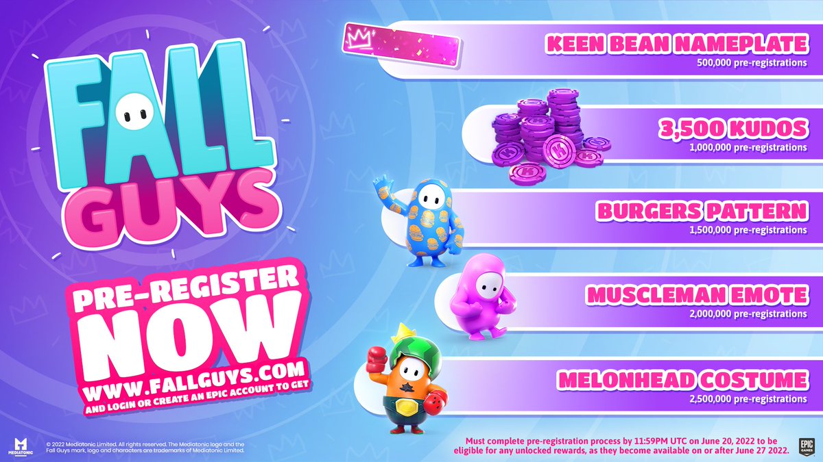 EpicGames's tweet photo. Calling all beans, bean enthusiasts, and people who like hilarious obstacle course antics ‼️📣

We are officially one (1!) week away from the @FallGuysGame: Free for All launch. Don't forget to pre-register to help unlock community rewards!

https://t.co/CCyeLoPjCr https://t.co/QOd9r7yUhl