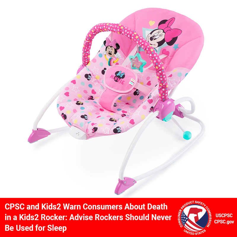 USCPSC's tweet photo. #Alert: CPSC and @Kids2Co are alerting consumers to at least one reported death in 2019 of an infant in a Bright Starts Rocker. Kids2 Bright Starts and Baby Einstein Rockers should never be used for sleep and infants should never be unsupervised or unrestrained in the Rockers. https://t.co/JKKdXYHRsx