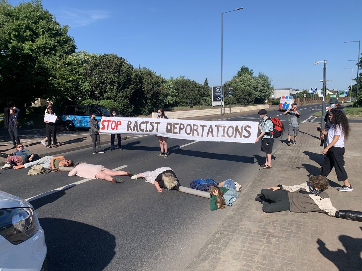 This is what solidarity looks like ✊🏾People will take action and resist this Government’s fascist &amp; racist border regime. 

But they need your support URGENTLY. The numbers of police are increasing rapidly, to likely arrest activists &amp; enable immigration enforcement #StopRwanda