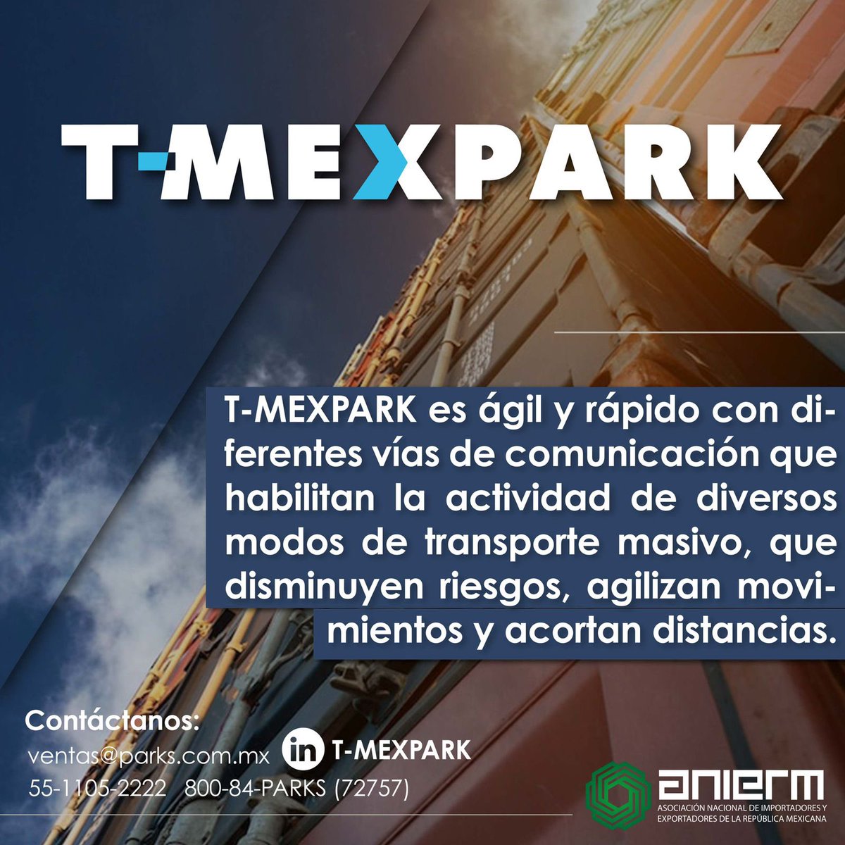 ANIERM_AC's tweet photo. Por su conectividad T-MEXPARK está en el punto más estratégico de la zona.
ANIERM y T-MEXPARK trabajando juntos para ti.
🌎🤝📲
#ANIERM #TuEnlaceGlobal #TMEXPARK #Conectividad https://t.co/GgmbfKFPAW