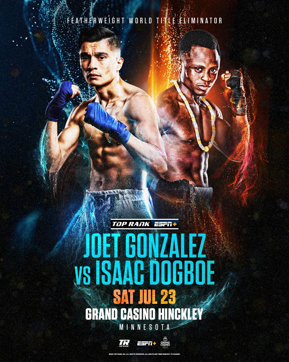 trboxing's tweet photo. 🚨 𝐉𝐔𝐒𝐓 𝐀𝐍𝐍𝐎𝐔𝐍𝐂𝐄𝐃 🚨

@JoetGonzalez1 &amp; @IsaacDogboe square off in a Featherweight world title eliminator 🏆

#GonzalezDogboe | JUL 23 | ESPN+ https://t.co/ZgEn0p8Yxq