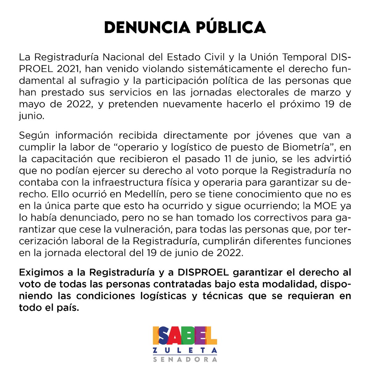 ISAZULETA's tweet photo. Alexander Vega @Registraduria
ustedes están en la obligación de garantizar el derecho al voto de todas las personas contratadas y subcontratadas por ustedes, bajo ninguna circunstancia pueden seguir vulnerando este derecho, tampoco la empresa @Disproel
@ONU_derechos
@CIDH https://t.co/p1MJLUNmoG