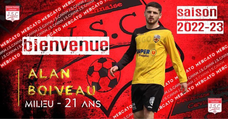 ‼️Mercato‼️ Alan Boiveau signe à la JSC! Récent vainqueur de la coupe Ange Lemée avec le Trégor FC, Alan Boiveau rejoint l’effectif rouge et blanc pour la saison 2022-2023. Il retrouvera quelques visages qu’il connaît déjà…😏 Bienvenue <a href="/Alan_Boiveau/">Radome Jr</a> et bonne saison à toi ❤️🤍