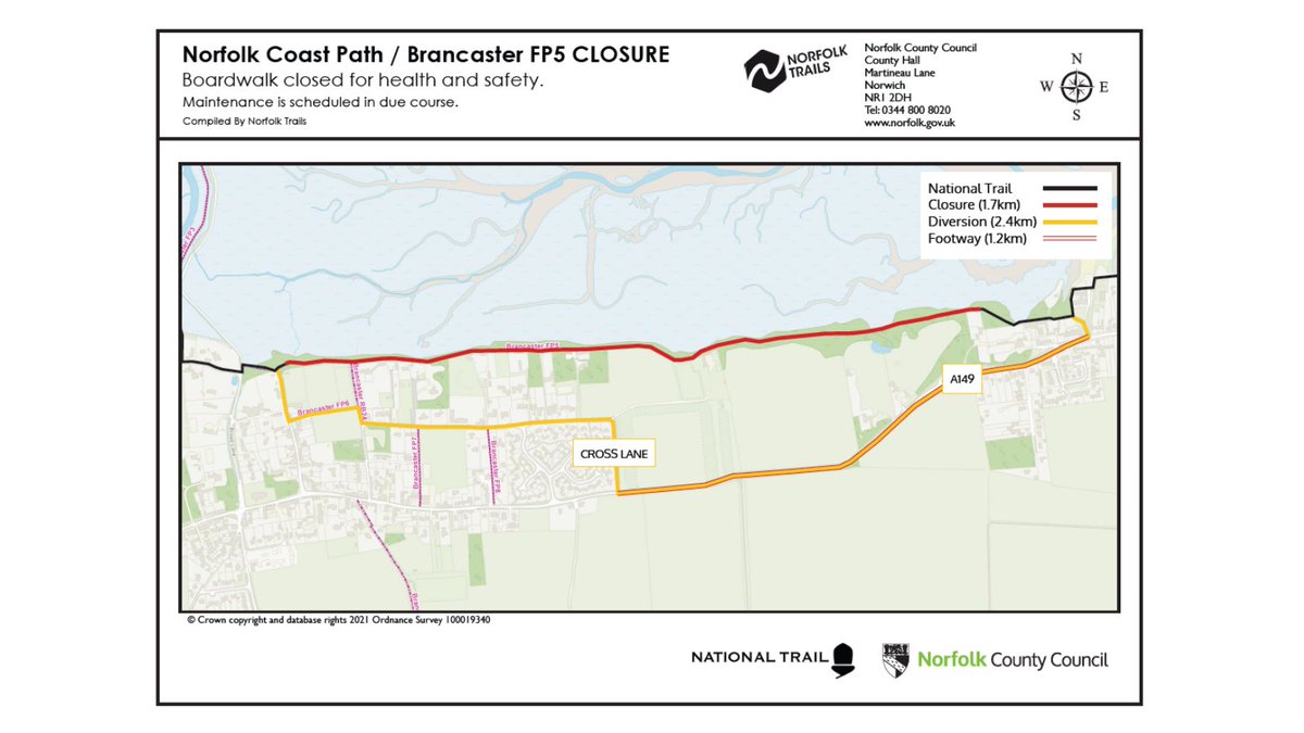 An emergency footpath closure is in place along Brancaster Footpath 5 after an inspection revealed boardwalk deterioration requiring immediate repair. A diversion is in place and work is expected to be complete mid-July ahead of the school holidays.