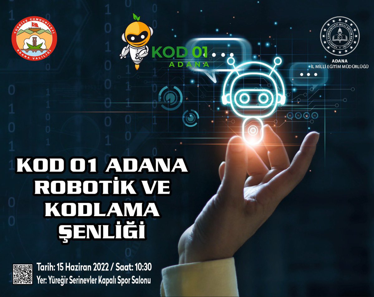 Dünyanın dijital dili kodlama.
Gençlerimiz, hayallerine geleceğin dilini kullanarak ulaşacak.
Hayallerini kodlayan öğrencilerimiz KOD 01 - Adana Robotik ve Kodlama Şenliğinde hünerlerini sergileyecekler. 👨🏻‍💻👩🏻‍💻🤖 #Kod01Adana
