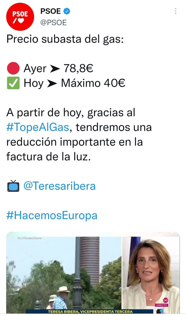 BenditoDato's tweet photo. ⛔ BULO de @Teresaribera y @PSOE. "A partir de hoy, gracias al tope al gas, tendremos una reducción importante en la factura de la luz".

❌ FALSO: La factura de la tarifa regulada ha aumentado un 5% teniendo en cuenta la compensación al gas. https://t.co/bJwemioBgj