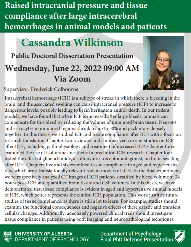 Psych_UAlberta's tweet photo. Save the date! @casswilkinson10 (supervisor: Fredrick Colbourne) virtual Public Doctoral Dissertation Presentation Wednesday June 22 9am MST. 

Zoom link in e-mail- you got this Cassandra! @GraduatePsych https://t.co/40qGqPaDZD