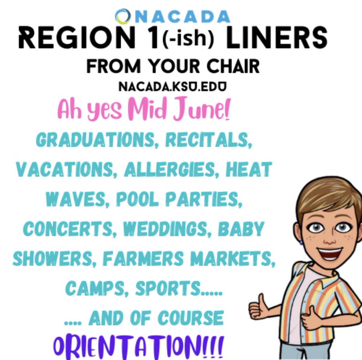 Ah yes Mid June! Graduations, recitals, vacations, allergies, heat waves, pool parties, concerts, weddings, baby showers, farmers markets, camps, sports..... .... and of course ORIENTATION!!! #summer #Juneadvising #nacada #nacadar1 #nacadaregion1