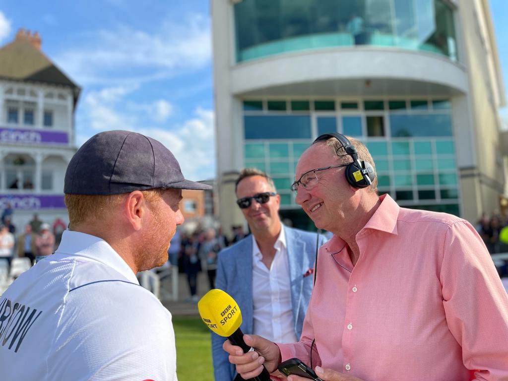 bbctms's tweet photo. “If that isn’t an advert for Test Cricket, I don’t know what is”

@jbairstow21 with Aggers &amp; @MichaelVaughan. 

#BBCCricket #ENGvNZ https://t.co/cu0VmsGmc6