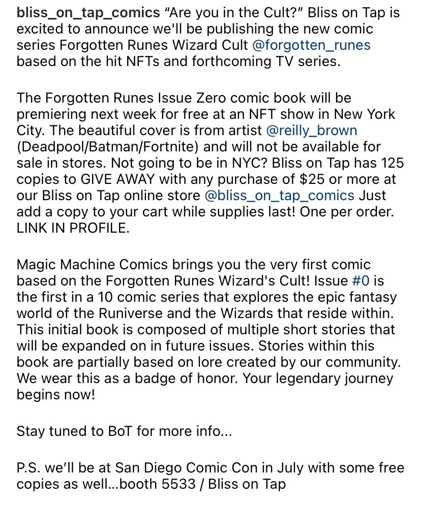 BlissonTap1's tweet photo. Are you in the Cult? @forgottenrunes w/ beautiful cover art by @Reilly_Brown 👌 NYC in June & SD in July…🪄➡️ https://t.co/VD4qxFRrDf #forgottenrunes #blissontap #NFTs #comicbooks https://t.co/XscAN9bxdi