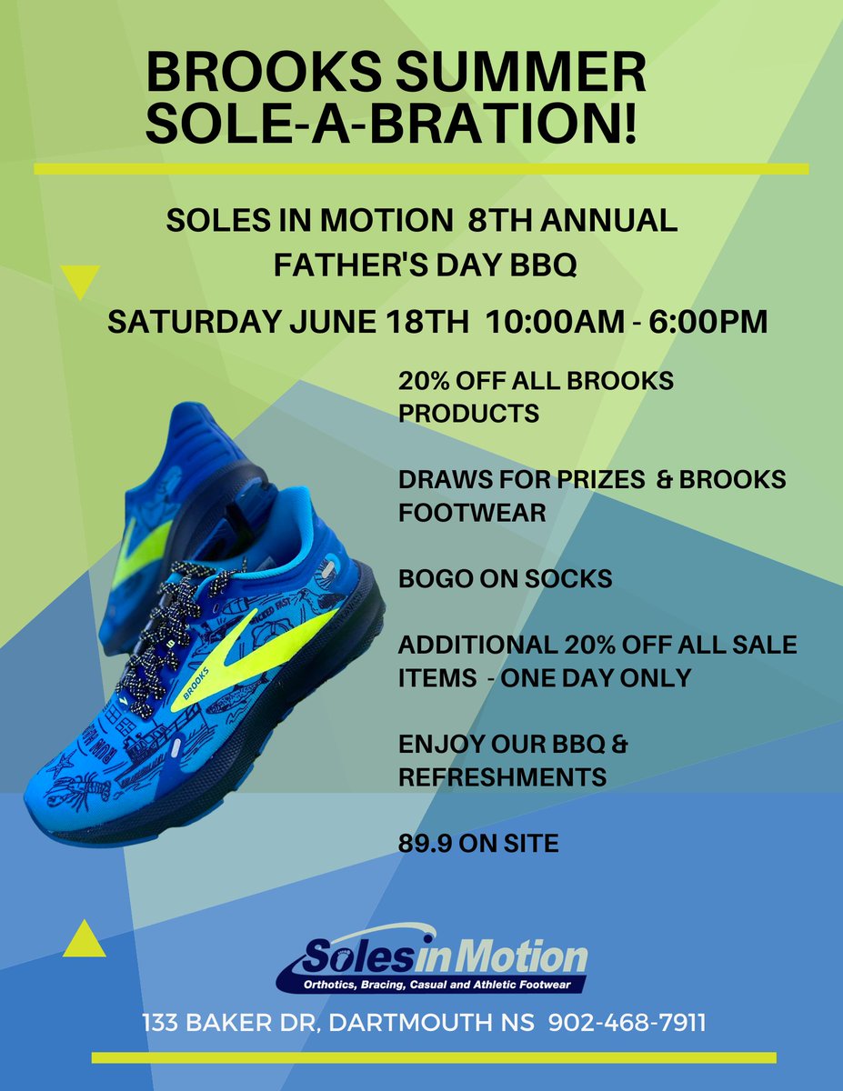 SolesInMotion_'s tweet photo. Were kicking off summer!
It's our annual Brooks Summer Sole-A-Bration and Father's Day BBQ. Join us this Saturday for draws, prizes, a bbq and refreshments. 

#summer #kickoffsummer #solabration #Brooksevent #fathersday #bbq https://t.co/8Cvh9ntD12