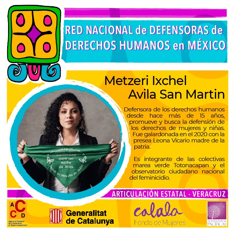 RedDefensorasMx's tweet photo. Reconocemos la importante labor de la #Defensora @MetzeriIxchel quien desde hace más de 15 años promueve y defiende los derechos de las mujeres y las niñas.
#RedVeracruz #DefensorasVeracruz https://t.co/xtebRxZafV