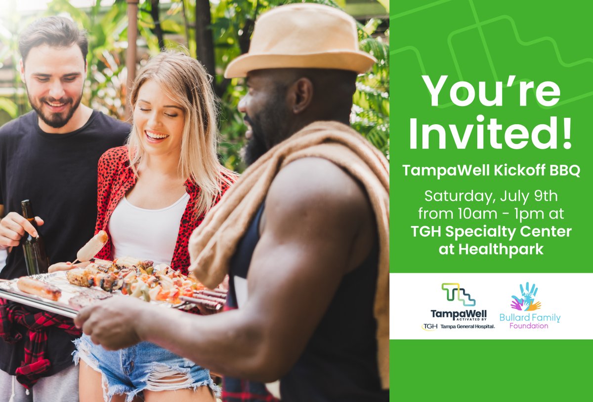 Tampa General Hospital invites you to a family-friendly BBQ on Saturday, 7/9! Join us from 10am-1pm for free food, music &amp; fun at the TGH Specialty Center at Healthpark (5802 N 30th St, Tampa) to celebrate the <a href="/TampaWellTGH/">TampaWell</a> launch. #TampaWell 

RSVP here: bit.ly/3MMSZhn