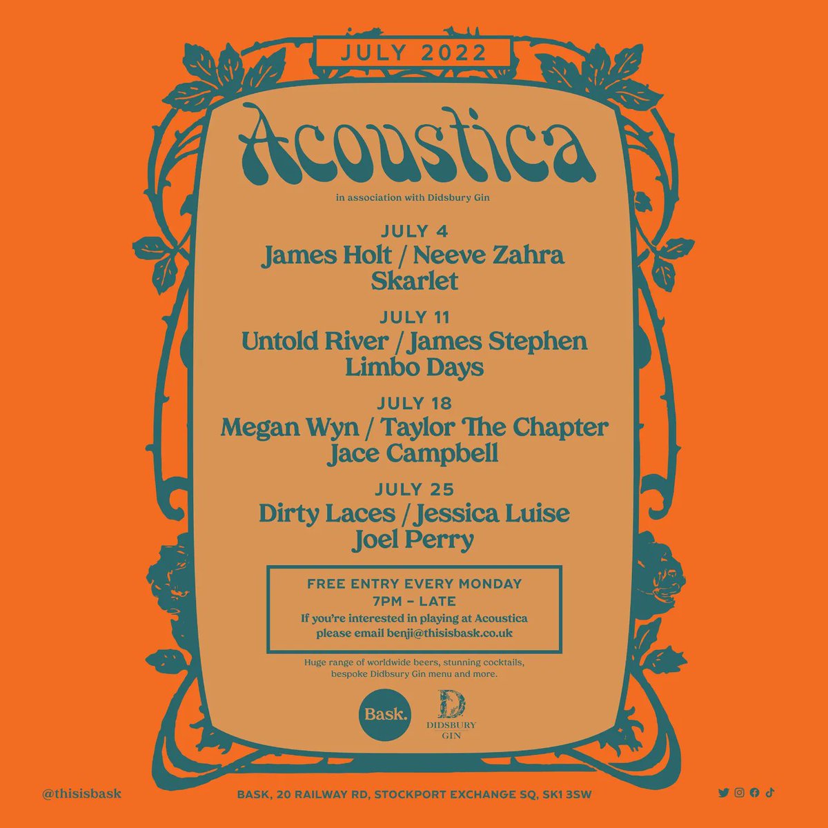 jamesholtmusic's tweet photo. gonna be bouncing over Stockport and playing at the brand new @thisisbask in July - I've played Acoustica before and it's always fun night, come down on the 4th! 🎸 https://t.co/DGr9eUJPYA