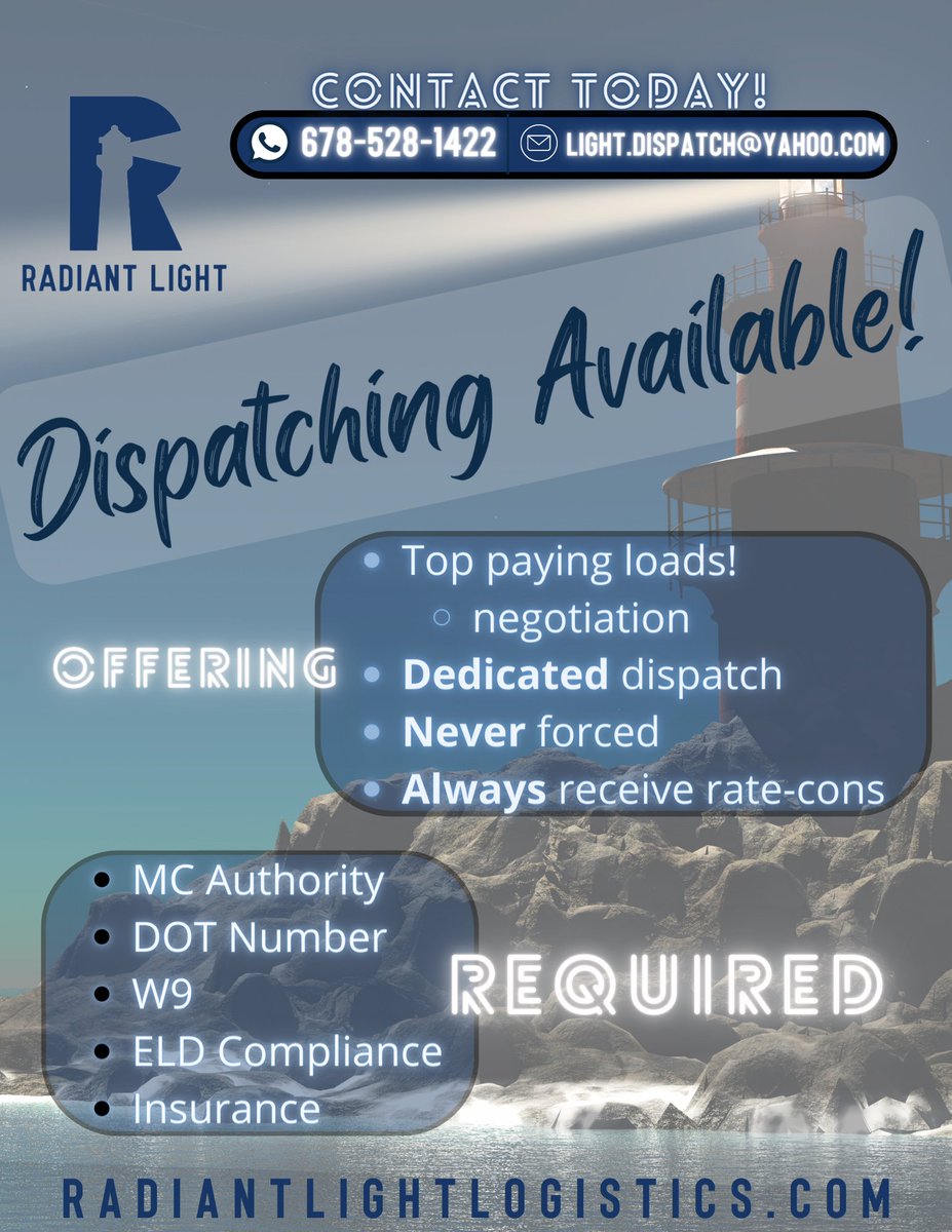 LogisticsLight's tweet image. Hey drivers! Want to work with a dispatching service that guarantees ratecons? What if we promise to NEVER force dispatch? We at Radiant Light take pride in our unmatched transparency/culture of honesty, which enables us to provide elite service to our drivers across the nation.