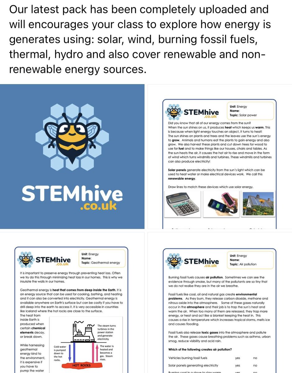 Stemhive1's tweet photo. Teaching about #energy? Why not check out #STEMhive’s learning pack and bring the fun to learning! With age-appropriate information sheets, tasks to complete and fun #experiments your students will love learning with STEMhive. #education #STEM #school #science #edutwitter #edtech https://t.co/ByVfMImAbv