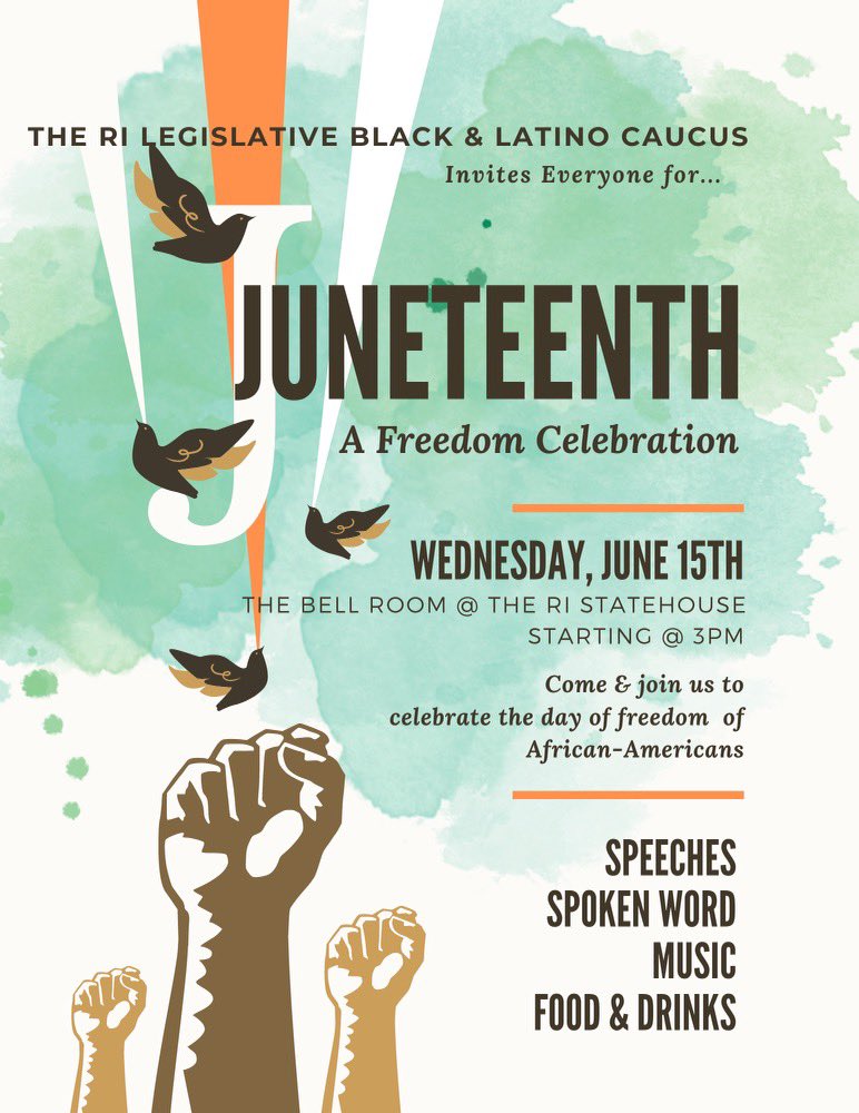 bhenriesri's tweet photo. Tomorrow! Join the RI Legislative Black &amp; Latino Caucus to celebrate Juneteenth at the State House! We will be celebrating in the Bell Room at  3pm.

I look forward to seeing you there! https://t.co/XRms2oqBXe