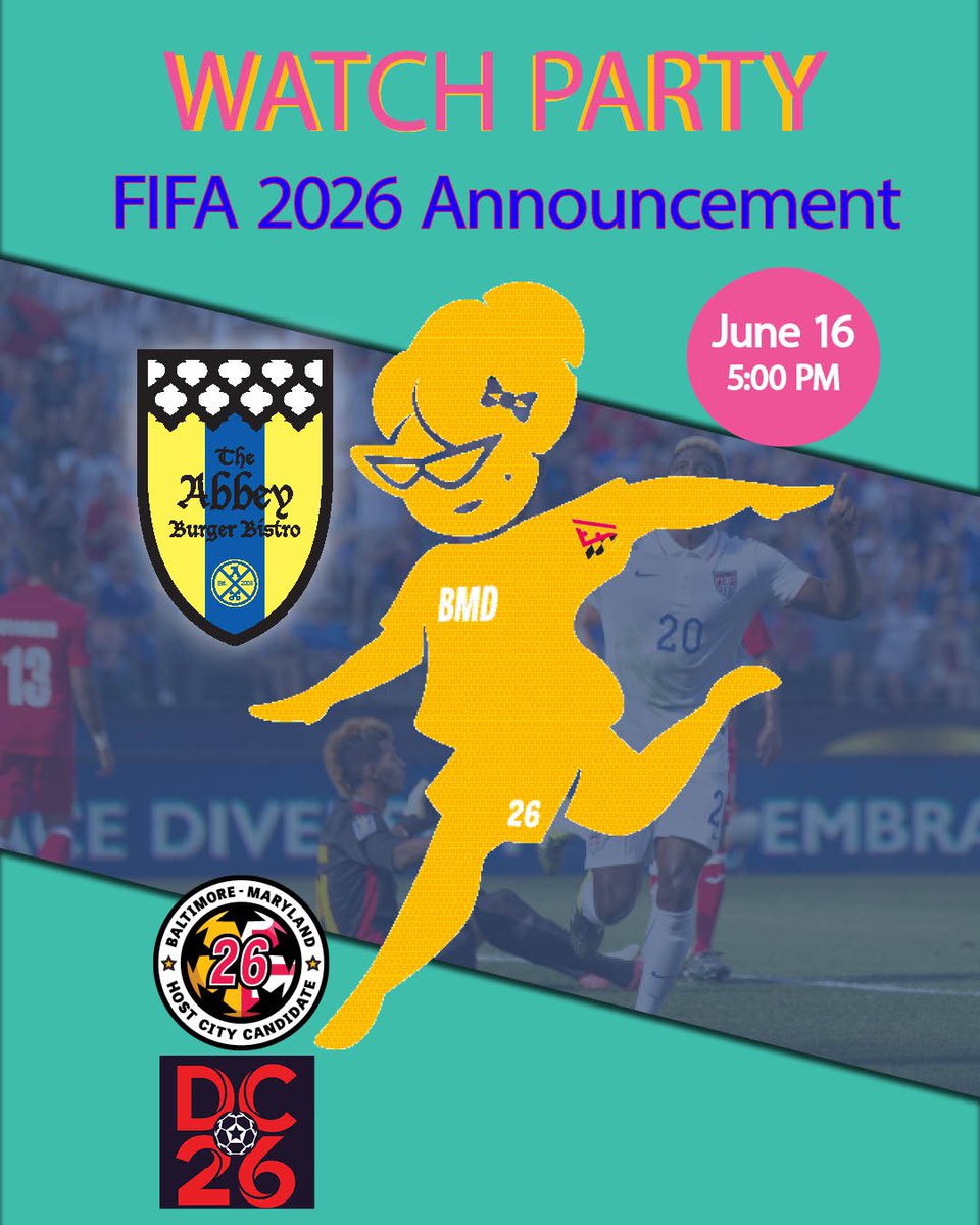 The OFFICIAL Baltimore Public Watch Party for Thursday’s FIFA 2026 Announcement is <a href="/Abbeyburger/">Abbey Burger Bistro</a> FELLS POINT - Be there to cheer on the <a href="/dc2026/">DC Chisupa</a> / <a href="/baltimoremd2026/">Baltimore-Maryland 2026 World Cup Host Destination</a> bid!!!

#DCBMD26