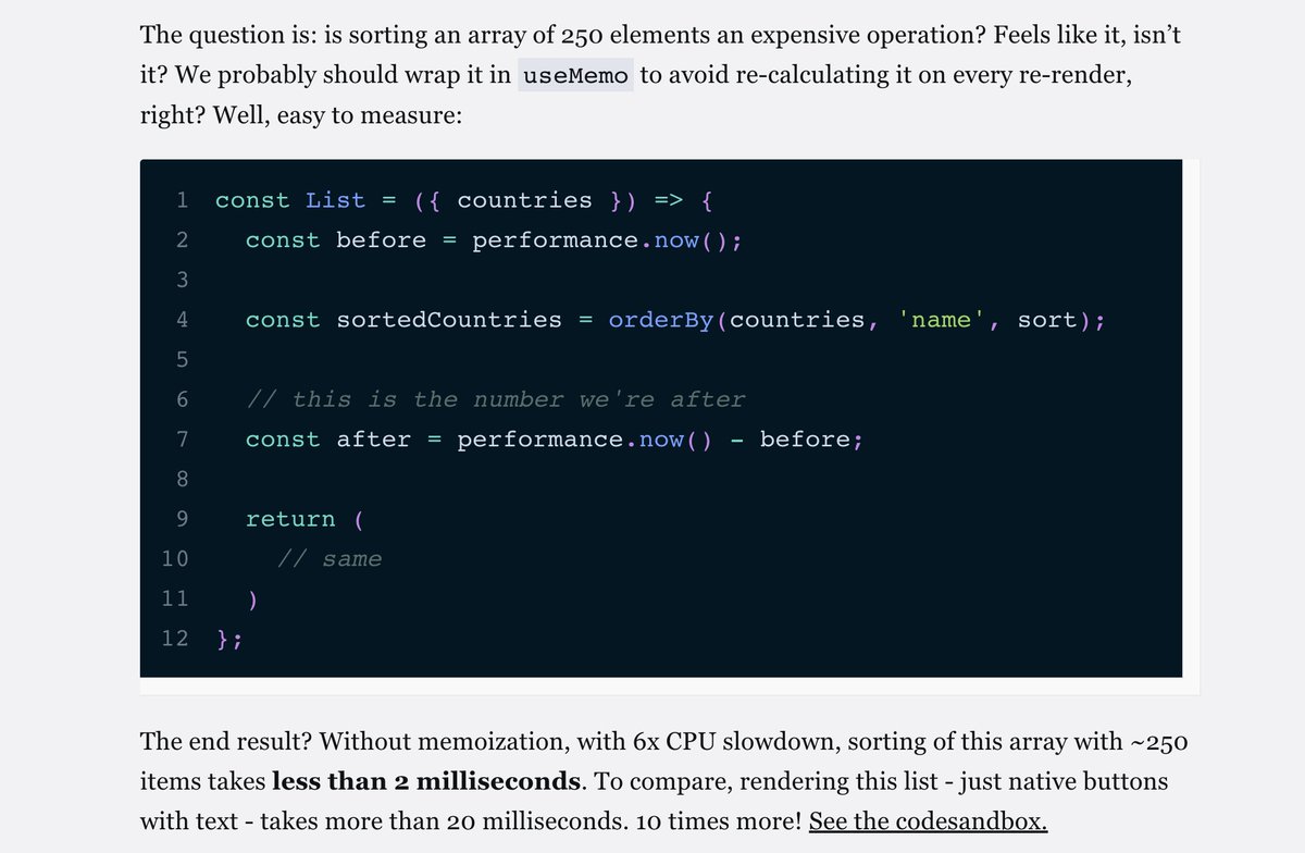 sebastienlorber's tweet image. 🧵 How to useMemo and useCallback: you can remove most of them

@adevnadia sharing an interesting point of view on the usage of memoization hooks

- slower 1st render
- only useful for re-renders
- need React.memo()
- 1 tiny mistake =&amp;gt; fail

developerway.com/posts/how-to-u…