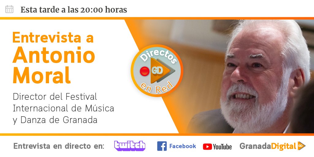 granadadigital's tweet photo. En una hora entrevistaremos al director de @FestivalGranada, Antonio Moral, en 🟠 #DirectosEnRedGD 🩰
🕗 20:00 h.
En directo en: 🟪 Twitch, 🟦 Facebook Live, 🟥 Youtube y 🟧 GranadaDigital
¡Te esperamos! https://t.co/FIJGPFUUF2
