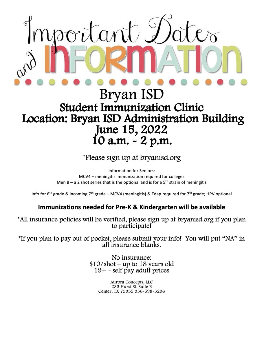 BryanISD's tweet photo. REMINDER: Current &amp; new students can get up-to-date on their immunizations at an Immunization Clinic hosted at the Bryan ISD Administration Building (801 S. Ennis St., Bryan, TX 77803) tomorrow, June 15, from 10 a.m. to 2 p.m.

Learn More/Sign Up: https://t.co/cXizQqNmmT https://t.co/oGjWPJK5c5