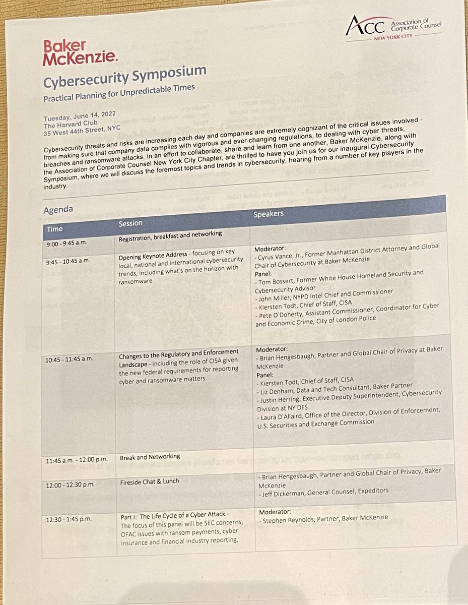 christinayiotis's tweet photo. Baker McKenzie LLP/NY Association of Corporate Counsel #Cybersecurity Symposium #PracticalPlanning for #UnpredictableTimes โThe #LifeCycle of a #CyberAttackโ @bakermckenzie @stereyn @harryvaletk @JeromePTomas Peter Tomczak Cristina Messerschmidt Jessica Nall #ChathamHouseRules https://t.co/JC862Eo9mm