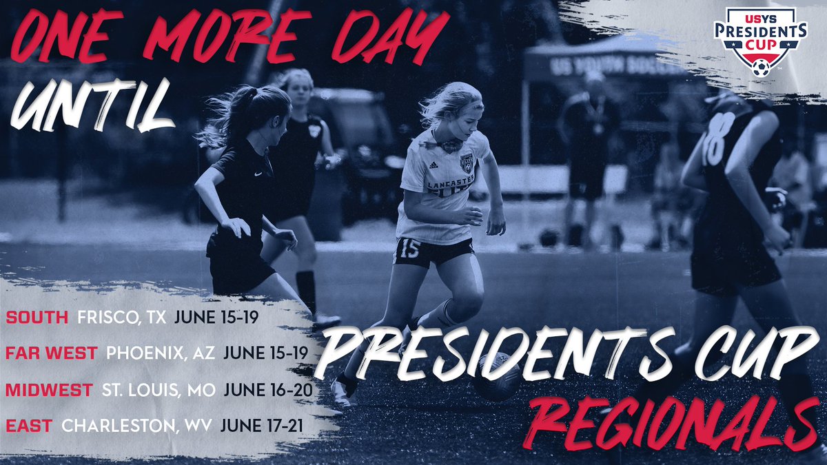 USYouthSoccer's tweet photo. ONE. MORE. DAY. #ClaimTheCup🏆

⚽ South &amp; Far West » June 15-19
⚽ Midwest » June 16-20
⚽ East » June 17-21
Regional information » https://t.co/JEQZ62jFKV
Event coverage » @usyscups 
#WeAreYouthSoccer https://t.co/FFaWQomPL6