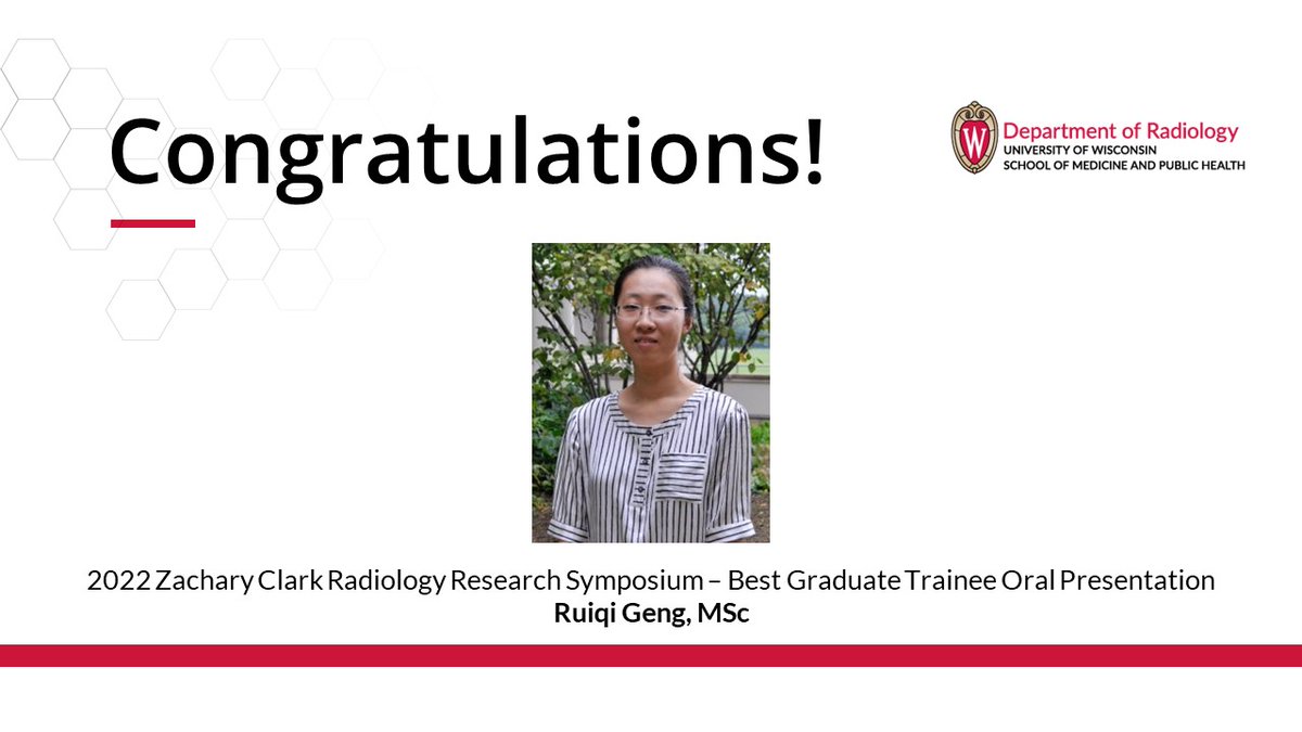 UWiscRadiology's tweet photo. We also got to see work from our graduate trainees within @UWiscRadiology. Congratulations to @wiscmedphys graduate student Ruiqi Geng on winning Best Graduate Trainee Oral Presentation🥇! @dherarr @sreeder001 https://t.co/hlJQsGLhXC