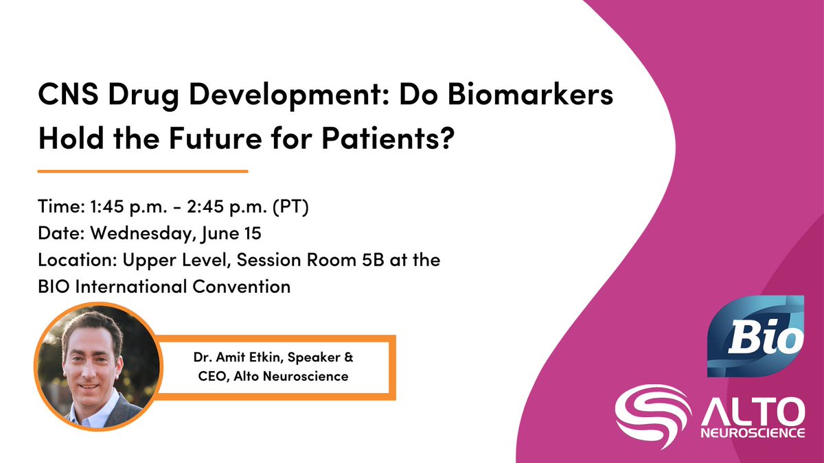 Our CEO Dr.<a href="/AmitEtkin/">Amit Etkin</a> will participate on a panel at #BIO2022 (<a href="/IAmBiotech/">Biotechnology Innovation Organization</a>) tomorrow at 1:45 p.m. PT. He will be joined by other #CNS executives and moderator <a href="/ADeAngelis_bio/">Allison DeAngelis</a> (<a href="/statnews/">STAT</a>) to discuss #DrugDevelopment in the space. Learn more: bio.org/events/bio-int…