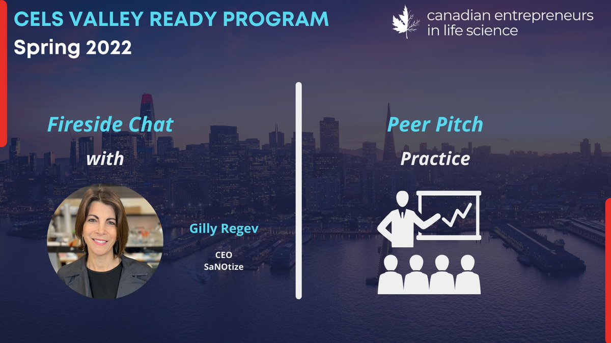 We are halfway through our #ValleyReady program #Spring2022! 
We have Gilly Regev, the co-founder and CEO of <a href="/SanotizeD/">SaNOtize Research and Development</a> , joining for a fireside chat to share her experience and fundraising journey. She is a biotech executive experienced in launching pharmaceutical enterprises.