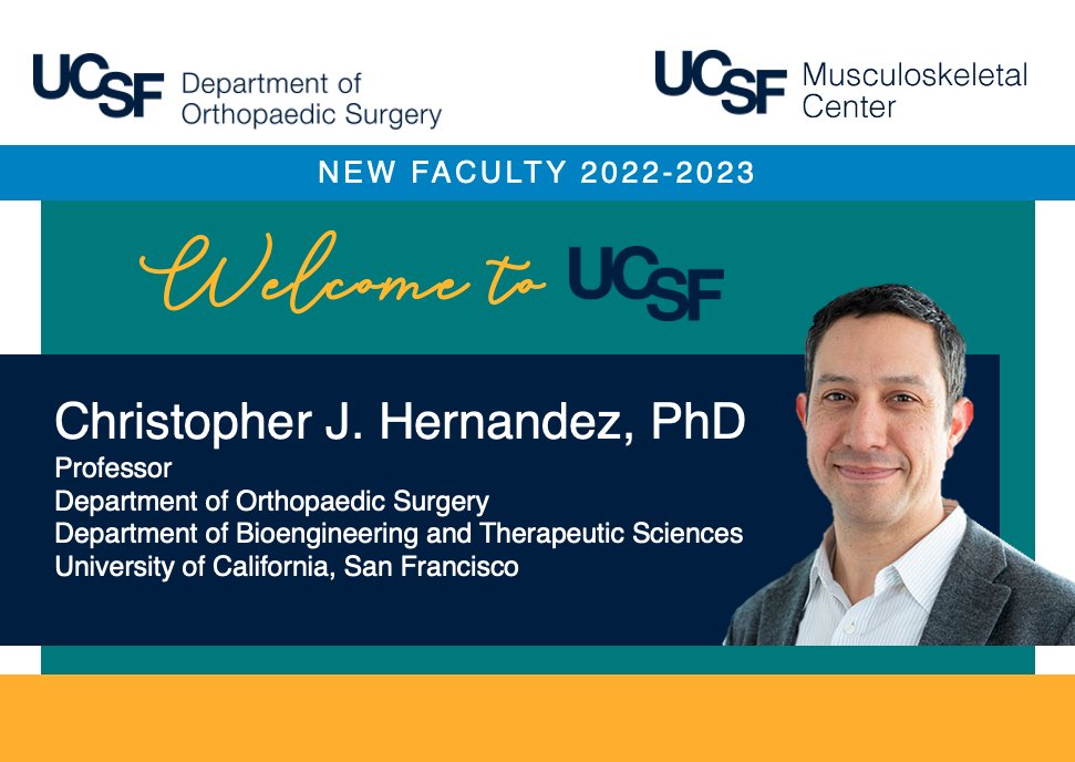 📢@UCSFmskcenter welcomes new faculty Dr. Christopher Hernandez @ProfCJHernandez to @UCSF as Professor of Orthopaedic Surgery and Bioengineering & Therapeutic Sciences. BioE, bone & microbiome.@UCSFOrthoSurg @UCSF_BTS @HIVE_UCSF @ucsfmicrobiome Learn more: tiny.ucsf.edu/msknews061322