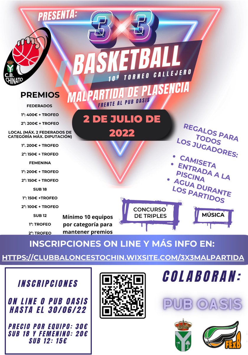 Animaros a participar!

clubbaloncestochin.wixsite.com/3x3malpartida

#3x3 #basket #Extremadura #3x3fiba #baloncesto  #cbchinato #feb #fexb #malpartidadeplasencia