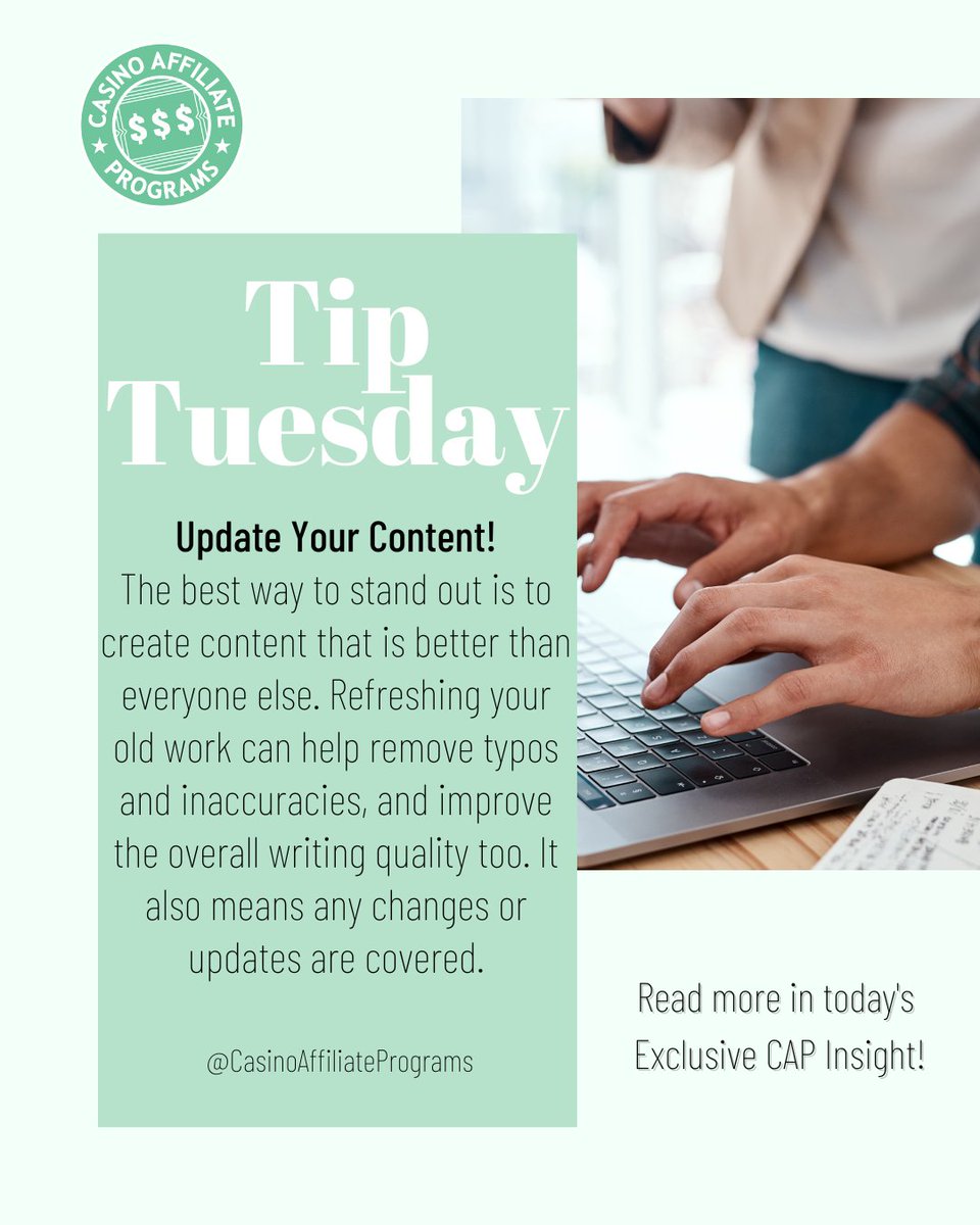CAPchatter's tweet image. It's Tip Tuesday and today we're sharing why you should be updating your affiliate marketing content! 

If you are interested in learning more, go to casinoaffiliateprograms.com/blog/should-yo… and read on!