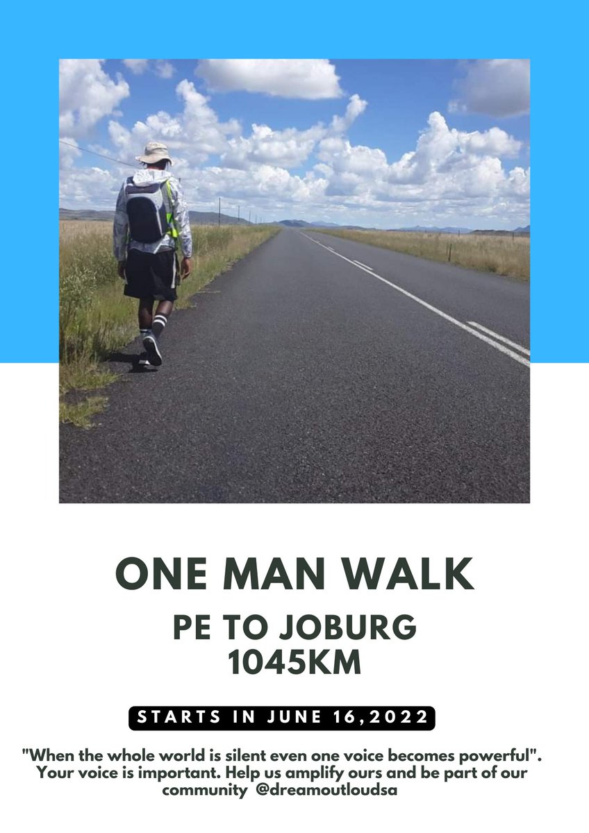 Dreamoutloudsa's tweet photo. "When the whole world is silent even one voice becomes powerful", heading to Gqeberha to start with my 27 Days Walk Campaign.

This is a One Man Walk which will see me do more 1045.5km caring 16kg bag with a tent to camp roadside when i don't get accommodation. #27dayswalk https://t.co/xf6a5iPXD2