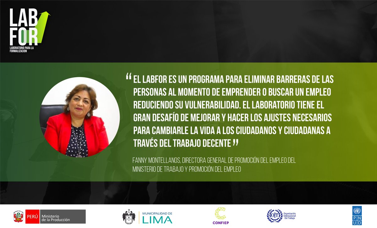 PNUDperu's tweet photo. "El #LABFOR es un programa para eliminar barreras al momento de emprender o buscar empleo. Tiene el gran desafío de hacer ajustes necesarios para cambiar la vida a través del trabajo decente", Fanny Montellanos, Directora General de Promoción del Empleo @MTPE_Peru https://t.co/ZItJTX1MAj