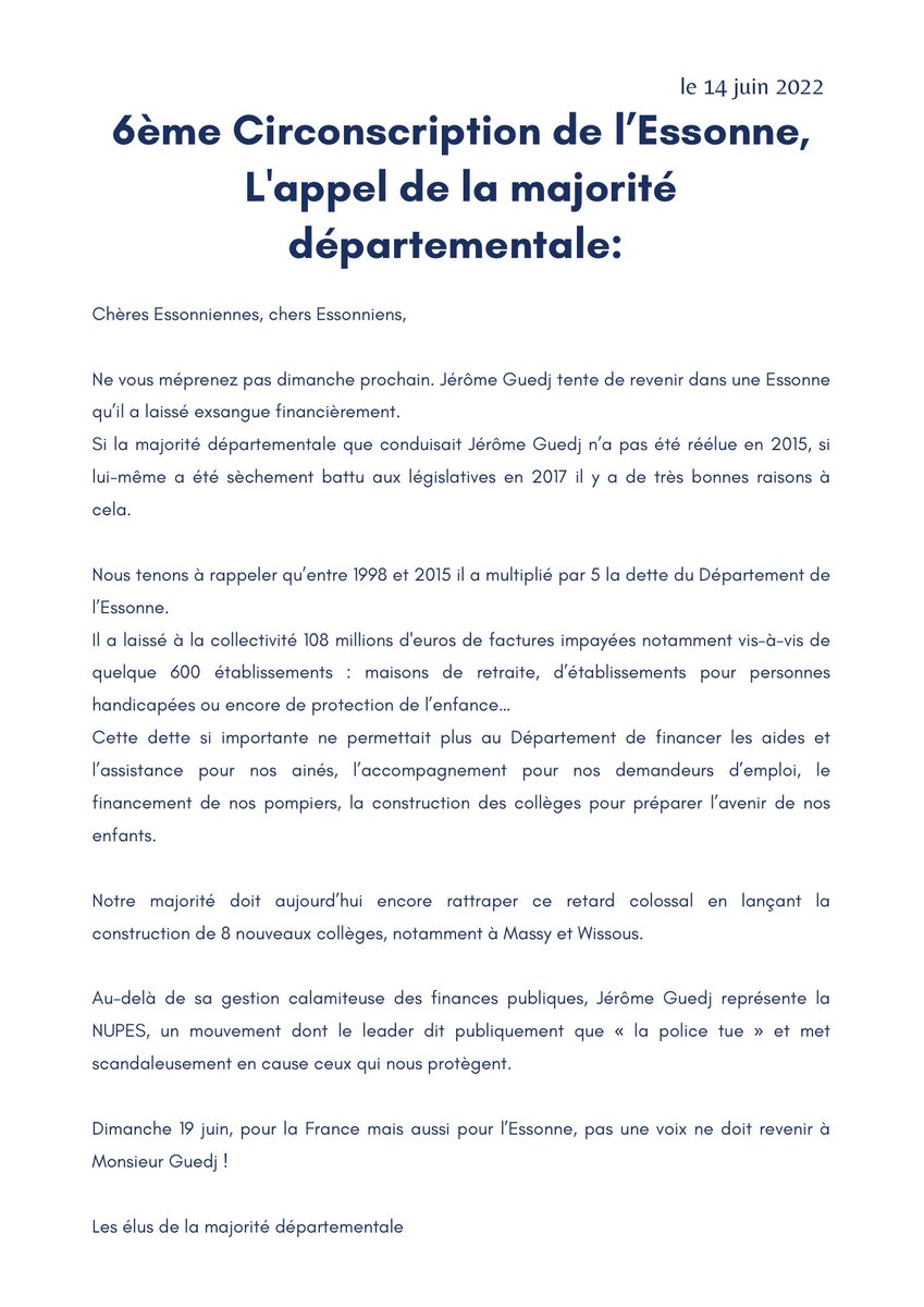 durovray's tweet image. Après avoir lourdement endetté le Département de l’Essonne, @JeromeGuedj souhaite récidiver en se présentant aux suffrages des habitants de la #Circo9106. 

La réaction des élus de la majorité départementale 👇