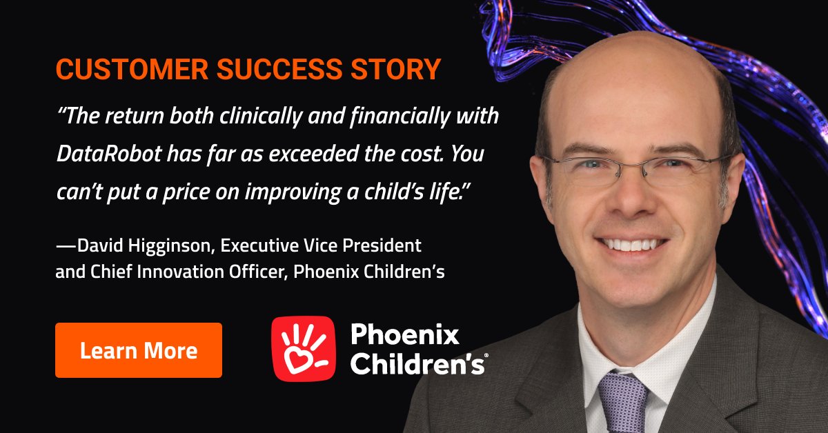 Phoenix Children's drove measurable improvements in patient care and operations with DataRobot #AICloud. Without any data scientists, they reach viable models in minutes. See how AI elevates patient care at Phoenix Children's datarobot.com/customers/phoe…