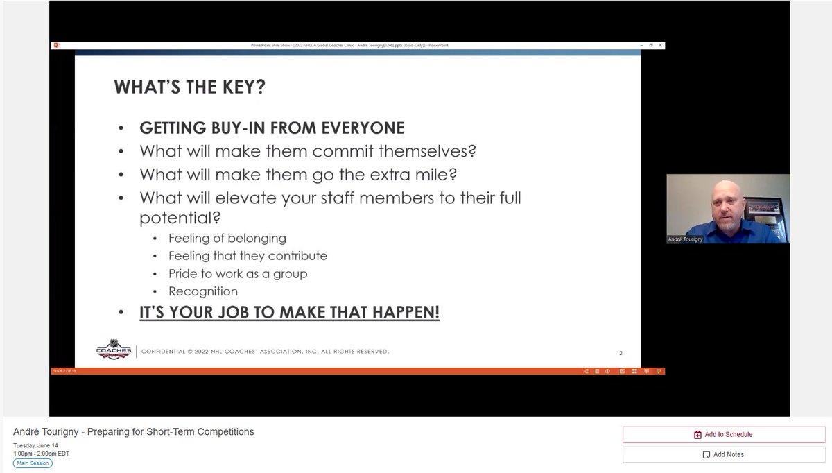 With more than 20 years of coaching under his belt, André Tourigny also has a lot of international experience. The #Yotes  Head Coach just returned from the #IIHFWorlds where he was an Assistant with <a href="/TeamCanada/">Team Canada</a>.

He's presenting now on "Preparing for Short-Term Competitions".