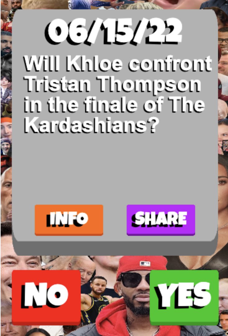 disdatdaily's tweet photo. TODAY'S #disdat QUESTION
Will Khloe confront Tristan Thompson in person in the season 1 finale of The Kardashians? @hulu @KimKardashian @khloekardashian  #gamedev #wordle #Kardashians #indiedev 
Answer correctly to increase your streak!
https://t.co/2KJqsyIUjG https://t.co/rrGJlUPtyN