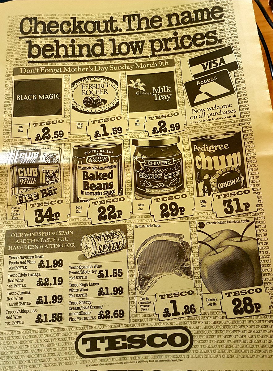 This is an advert for #Tesco from 1984 when food prices seemed a  lot cheaper and particularly @FerreroRocherUK - From the Today newspaper's first edition of March 4.
#SupermarketPrices #foodprices