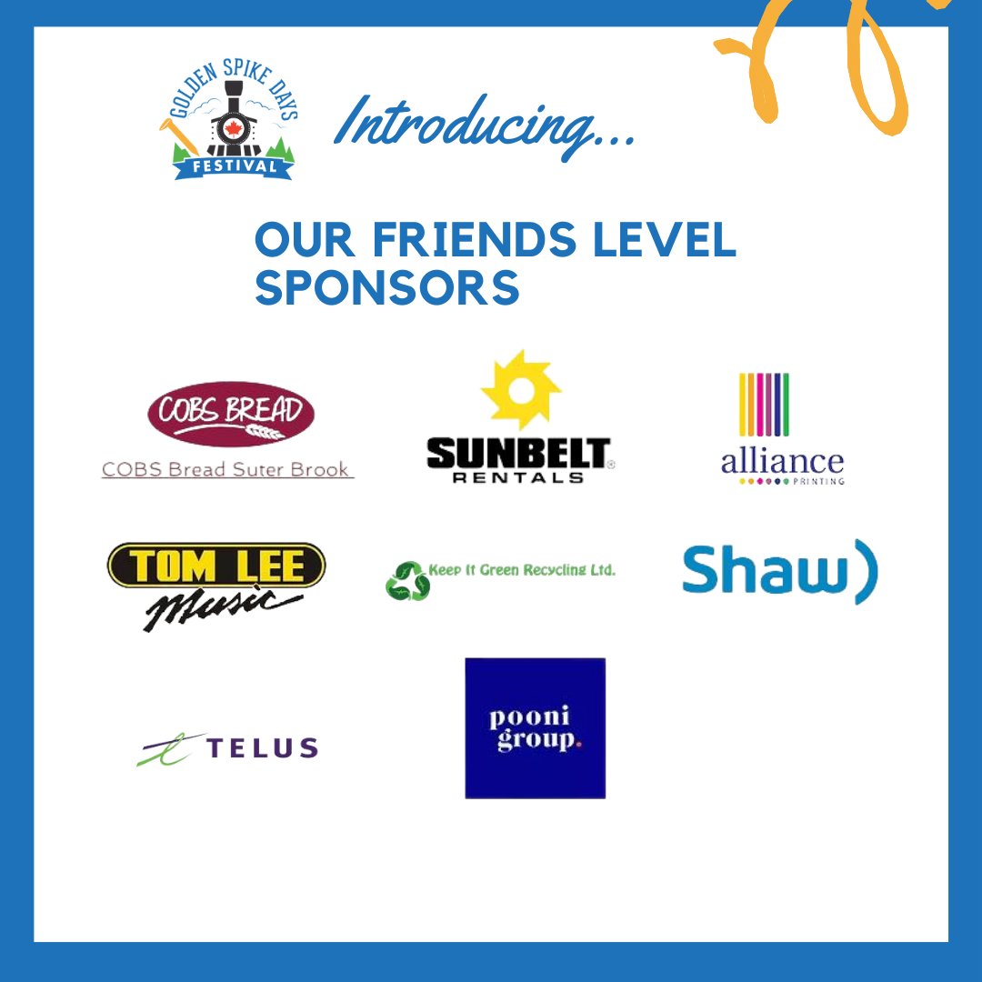 goldenspikedays's tweet photo. A sponsor of any size is a help in keeping local festivals going! A huge thank you to our friends level sponsors! 

#goldenspikedays #bcsummer #summer #summerfestival #summerinbc #portmoody #coquitlam #portcoquitlam https://t.co/LqBiLcr3cN
