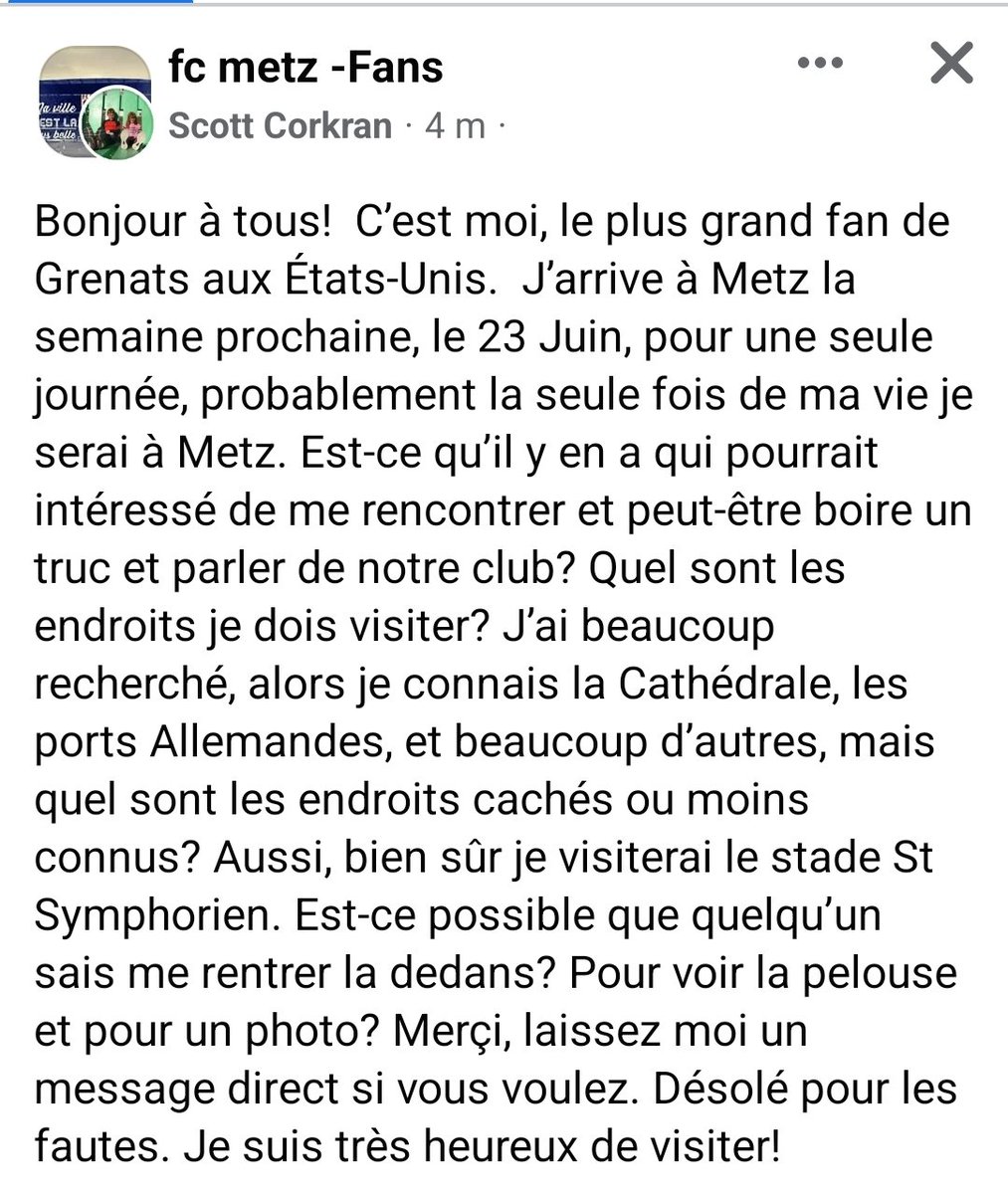 silvio57190's tweet image. Salut c'est pas le sujet mais j'essaye de partager au max cette publication Facebook d'un supporter qui vient des États-Unis le 23 pour une journée à Metz si des gens sont intéressés pour le rencontrer..