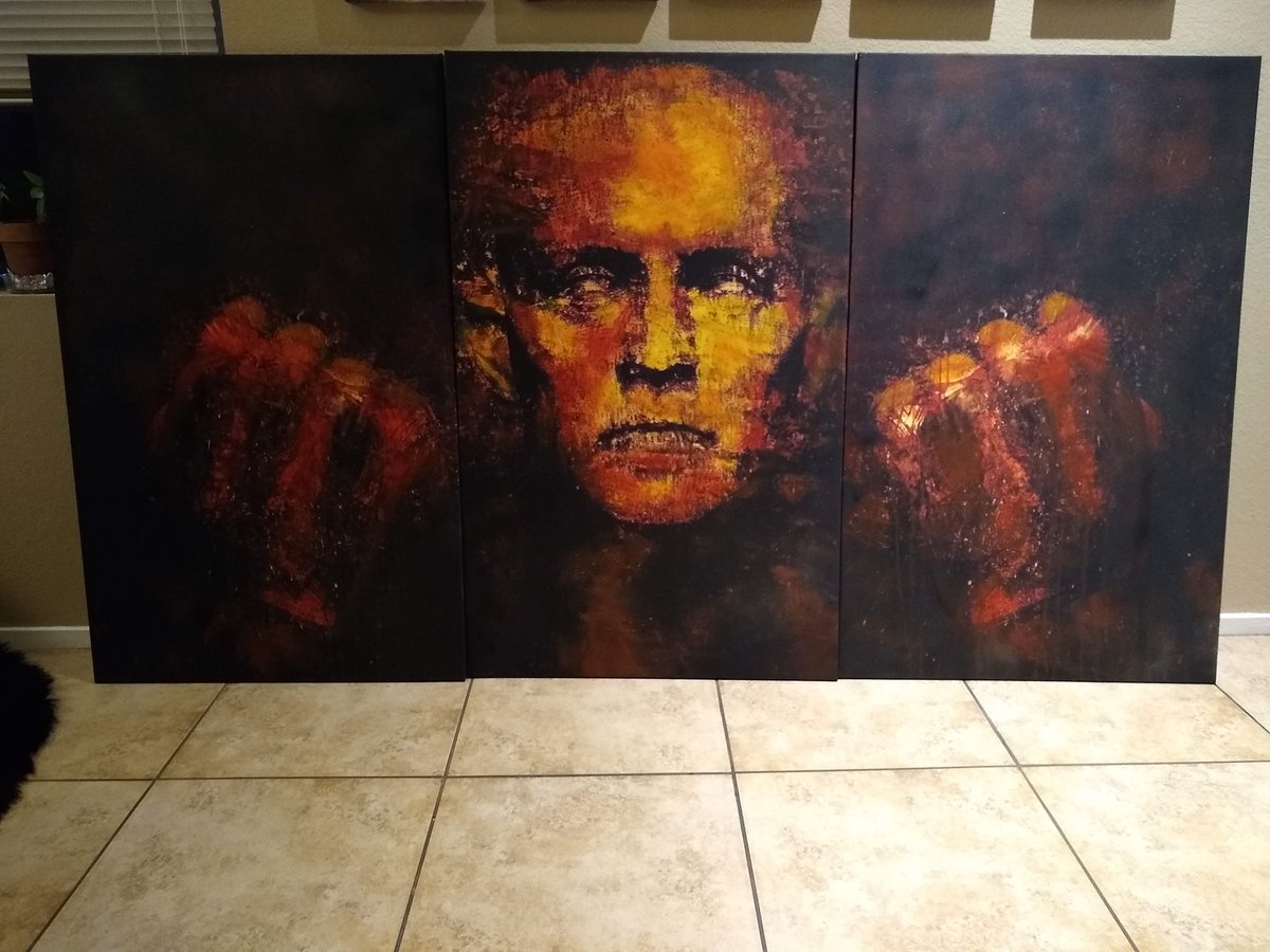 kristoxn's tweet photo. Left, is the original concept art I sent the Raiders PR team back in 2020. Right was the finished piece. It is on permanent display at Allegiant Stadium.

“The Fighter”
Mixed Media 90”x48”

 #digitalart #abstractart #gothart #punkart #visionaryart #skullart #RaidersNation https://t.co/eSIhl7lg6i