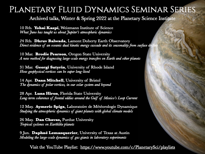 jmlilly's tweet photo. The #planetary #fluidynamics seminar series will not happen next week due to a cancellation. We'll take the summer off. See you again in the fall!
In the meantime, please enjoy the playlist of all these great talks here: https://t.co/yN6PbYfMlB
Thanks for all of your support! https://t.co/pYxGhcJZZx