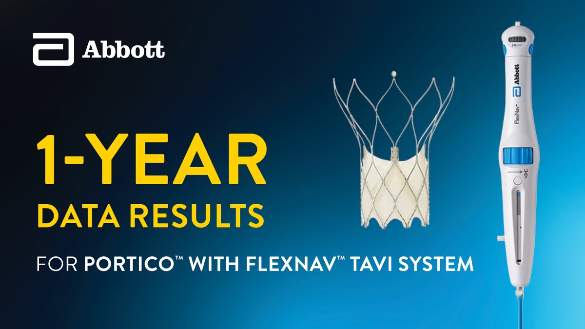 AbbottCardio's tweet photo. Portico with FlexNav #TAVI System’s global cohort demonstrated excellent safety and clinical outcomes at 1 year. Check out our 1-year data results: https://t.co/KUYLB3KhqM

Safety Info: https://t.co/MoOreomjfD 

#TAVR #Portico #FlexNav #AorticStenosis https://t.co/sNgfdKgZCO